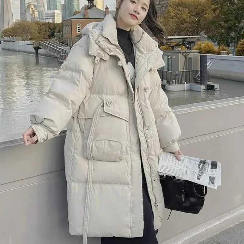 Winter New Down Coat Women Mid Length White Duck Down Windproof Hood Loose Warm Lacing Solid Coat Parkas W251016