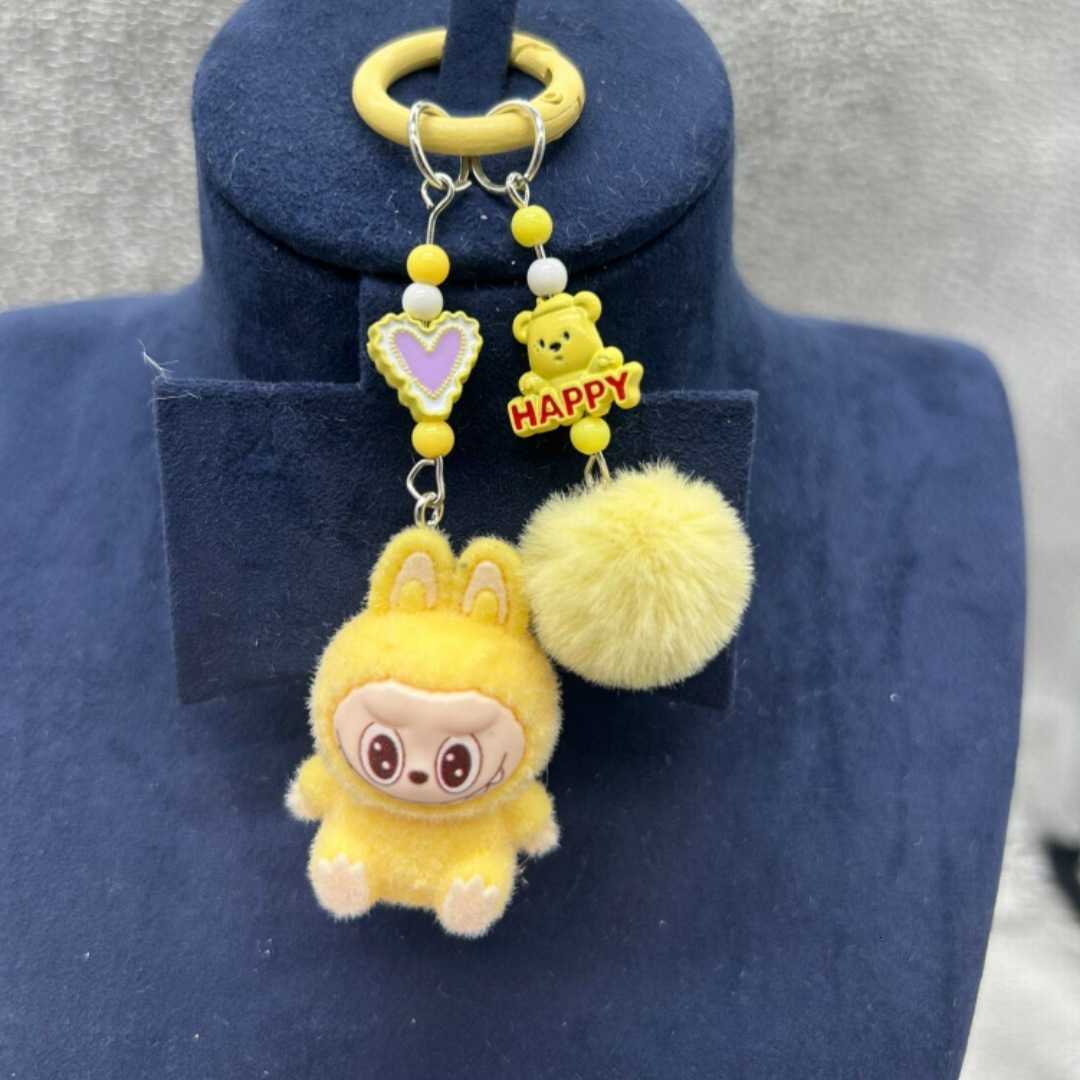 New Arrival Sitting Labubu Keychain Mini Flocking Labubu Key Chain Kawaii Cell Phone Charm Ornaments Cute Rabbit Keyring Gift U250604