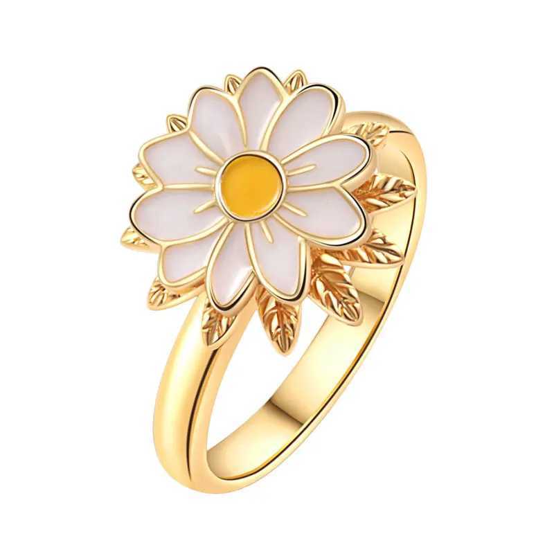 Enamel Daisy Flower Plant Anxiety Knuckle Ring For Women Golden Metal Copper Rotate Freely Ring Fidget Spinner Anillo AjustableW251017