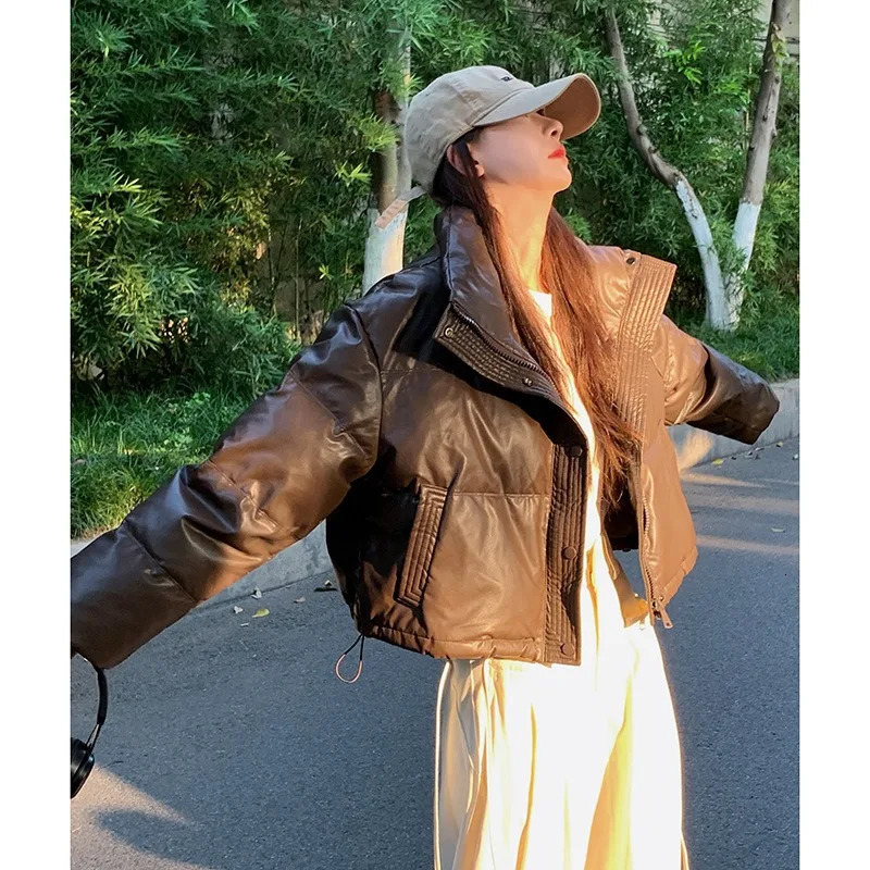 Women Winter Coat Fashion Standup Collar PU Windproof Warm Short Parkas Coat Street Trend Loose Oversized Outwear Cotton Jacket 251011