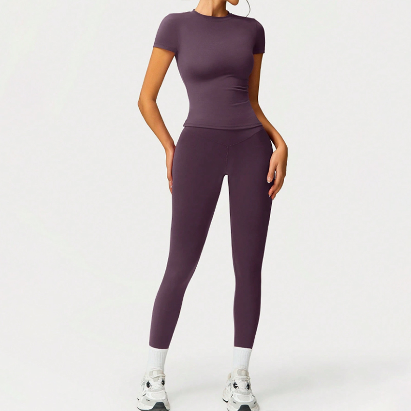 High waisted buttock lifting quick drying long sleeved yoga trousers Two piece yoga outfit Yoga Set Deep purple