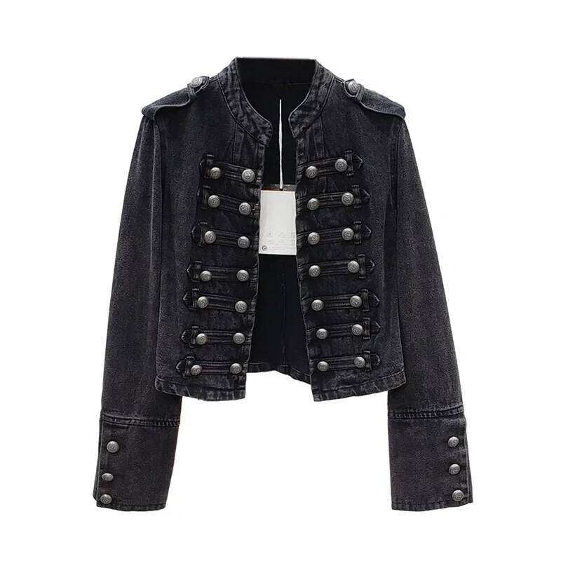 Vintage Stand Collar Black Denim Jackets Spring Autumn Women Double Breasted Slim Short Jeans Jacket Coat Female Cowboy Outwear