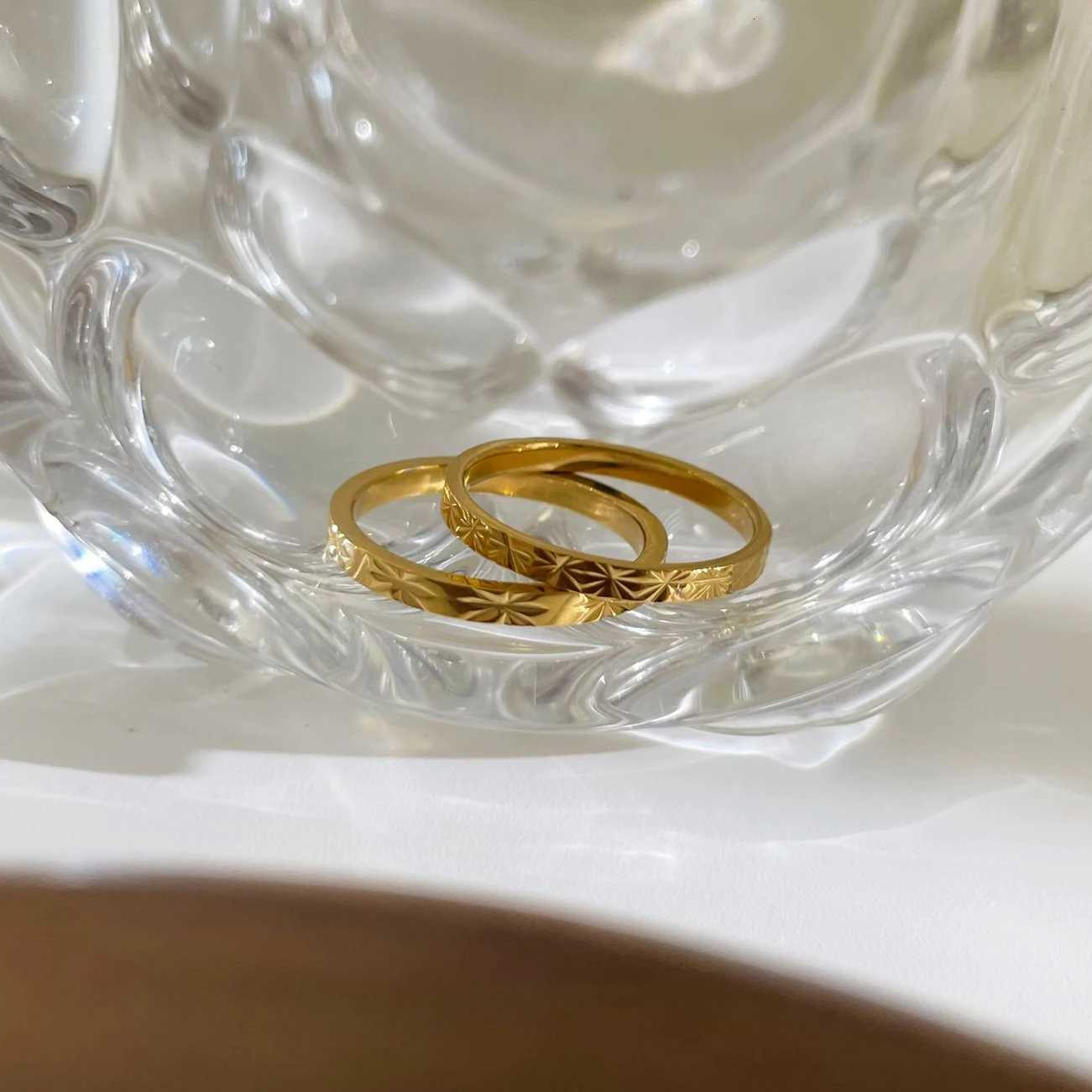 GHIDBK Tarnish Free Stainless Steel 18K Gold Pvd Plated Starburst Texture Rings for Women Trendy Wedding Daily Jewelry StackableW251017