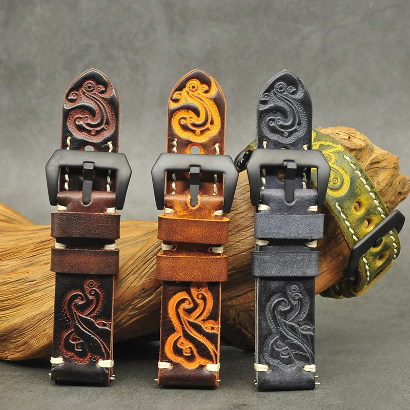 Vintage Carving Men Watch Strap Handmade Stitched Embossed Leather Watchband Black Buckle for Panerai 18mm 20mm 22mm 24mm 251016