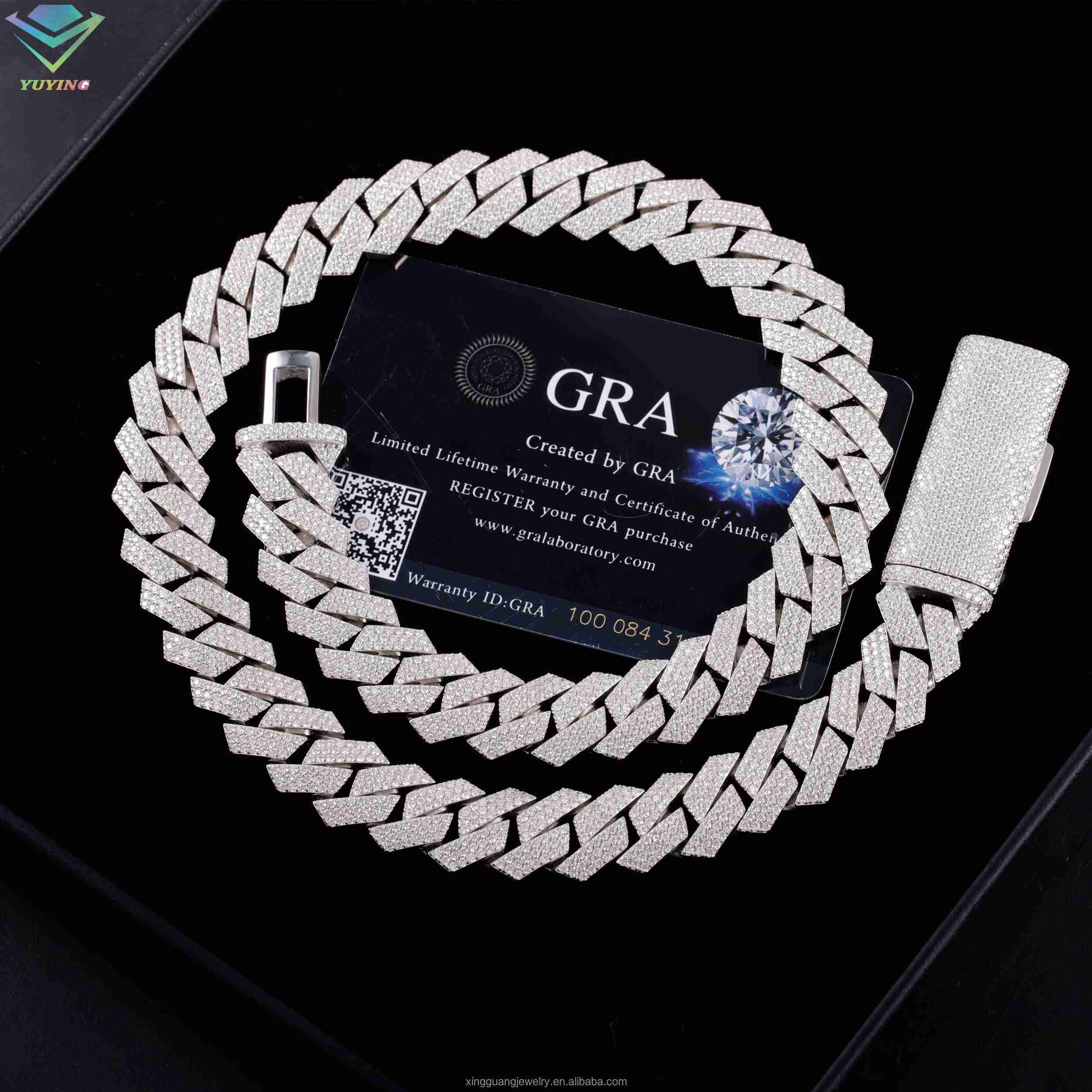 Hip Hop Iced Out 15mm Wide Necklace 3Rows Moissanite Diamond Sterling Silver Gold Plated Cuban Lidynamic Chain with GRA Certificate