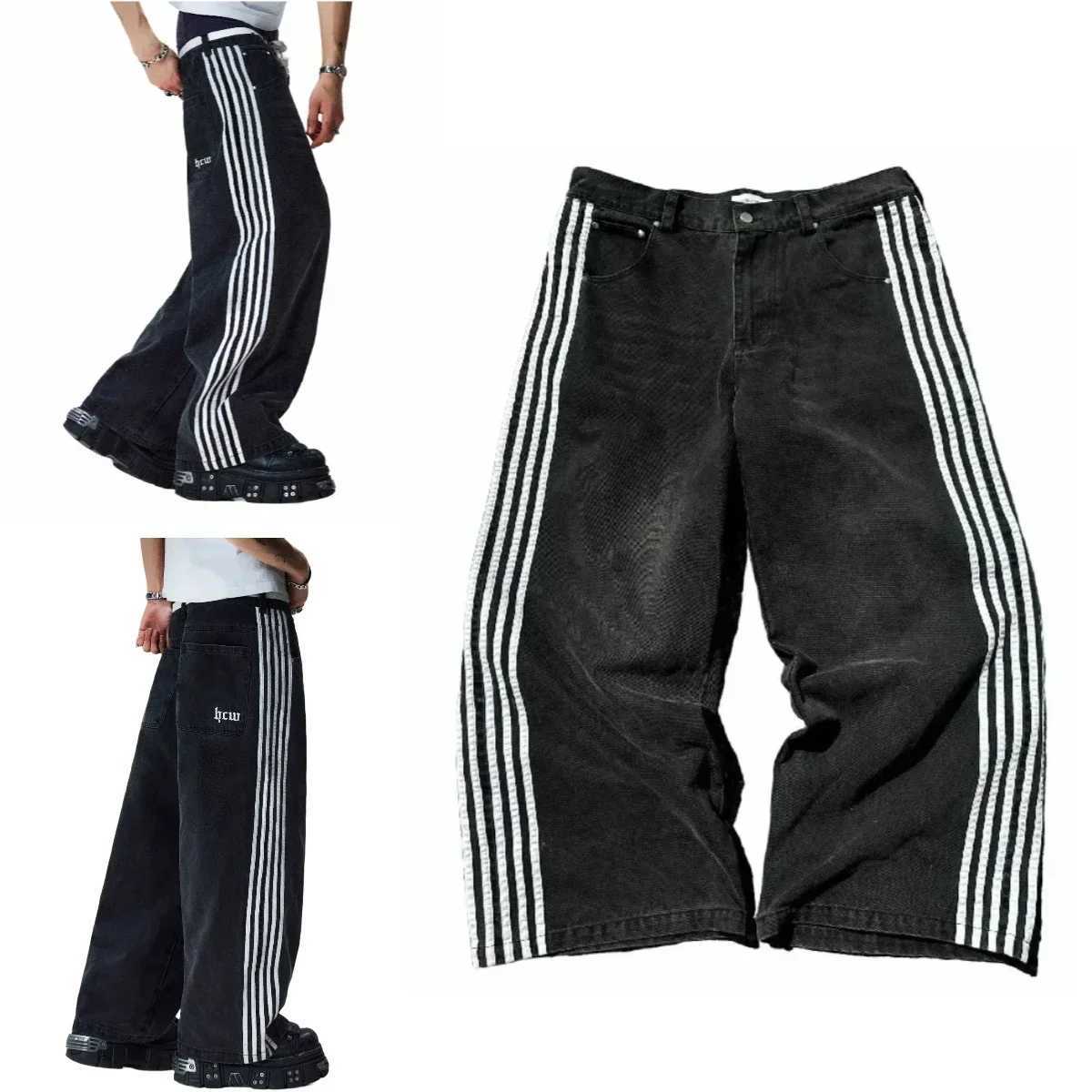 Harajuku Retro Hip Hop Mens Jeans Y2k Black Striped Baggy Jeans Gothic Embroidered Wide Leg Denim Pants High Street Streetwear D2510171
