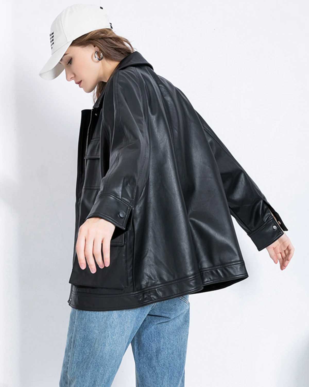 Fitaylor Women PU Leather Jacket Vintage Lapel Zipper Faux Leather Coat High Street Motorcycle Outwear with BeltT251017