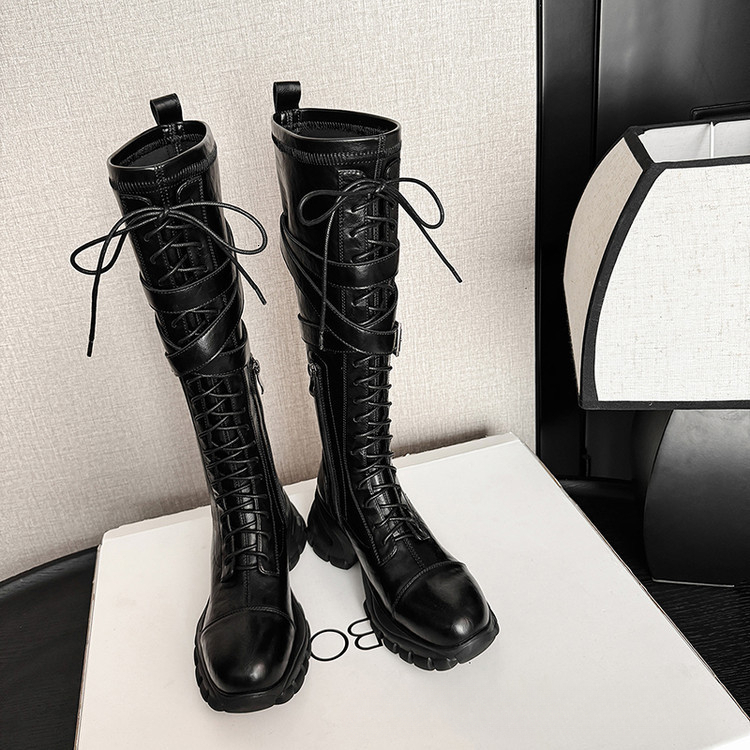 Designer women's genuine leather high-heeled round toe Martin boots for autumn and winter 2025, new thick soled lace up side zipper horse boots