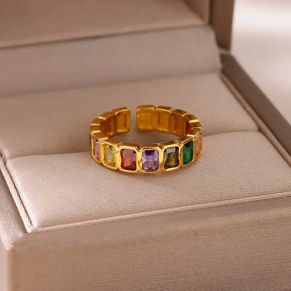 Colorful Cubic Zircon Ring for Women Stainless Steel Gold Color Open Ring Vintage Boho Wedding Party Jewelry Gift Accessories Z251017