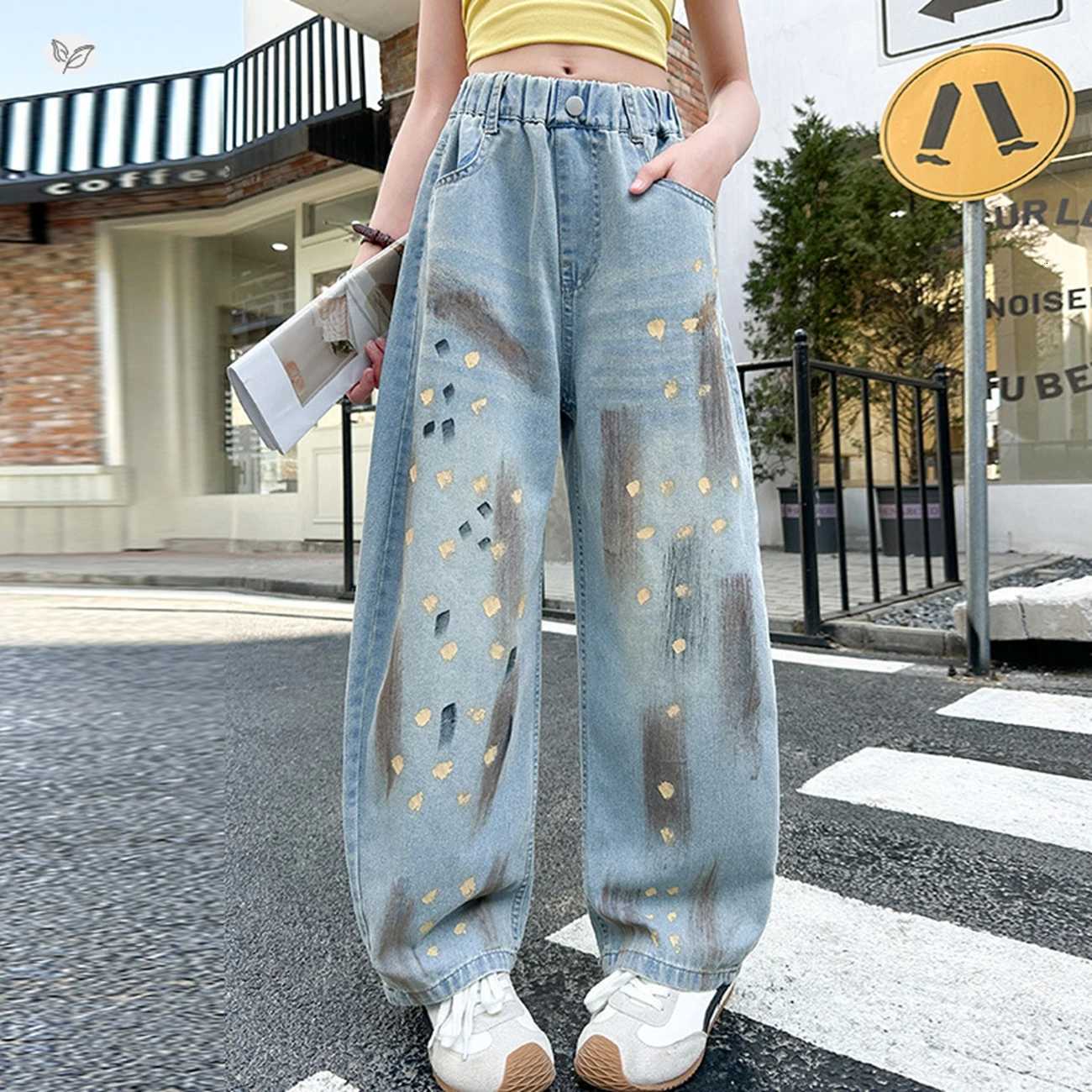 Girls Cartoon Print Stretchy Ripped Jeans High Street Fashion Elastic Waist Denim Pants Age 514YT251017