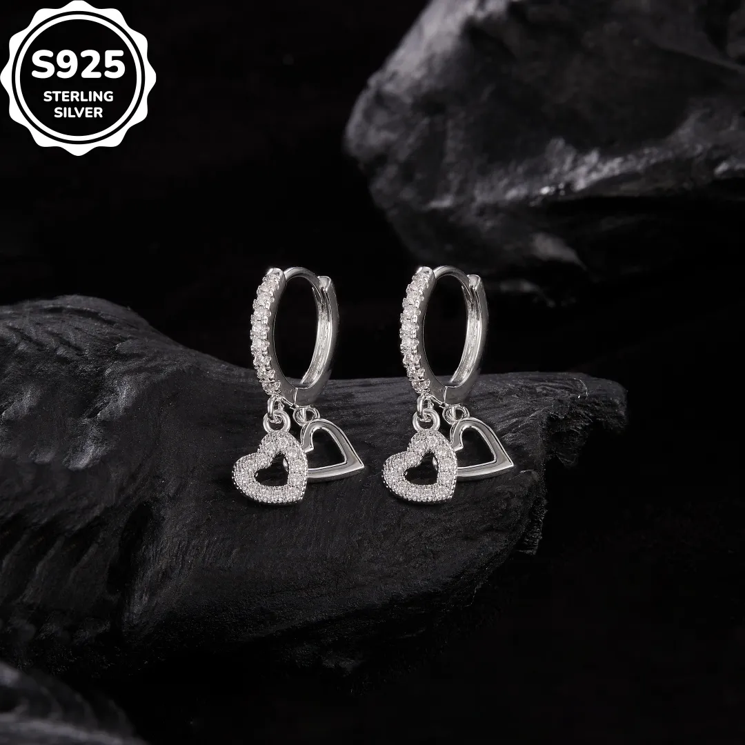 MT New 925 Sterling Silver Hoop Ring Couple Double Heart Pendant Earrings for Girlfriend, New Fashion Earring Hangings