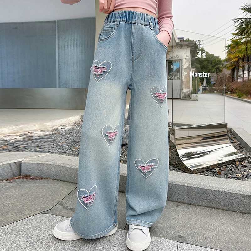 Teen Girls Denim Pants Spring Autumn New Heart Print Hole Wide Leg Pants For 5 6 8 10 12 14 Years Girls Stylish TrousersT251017