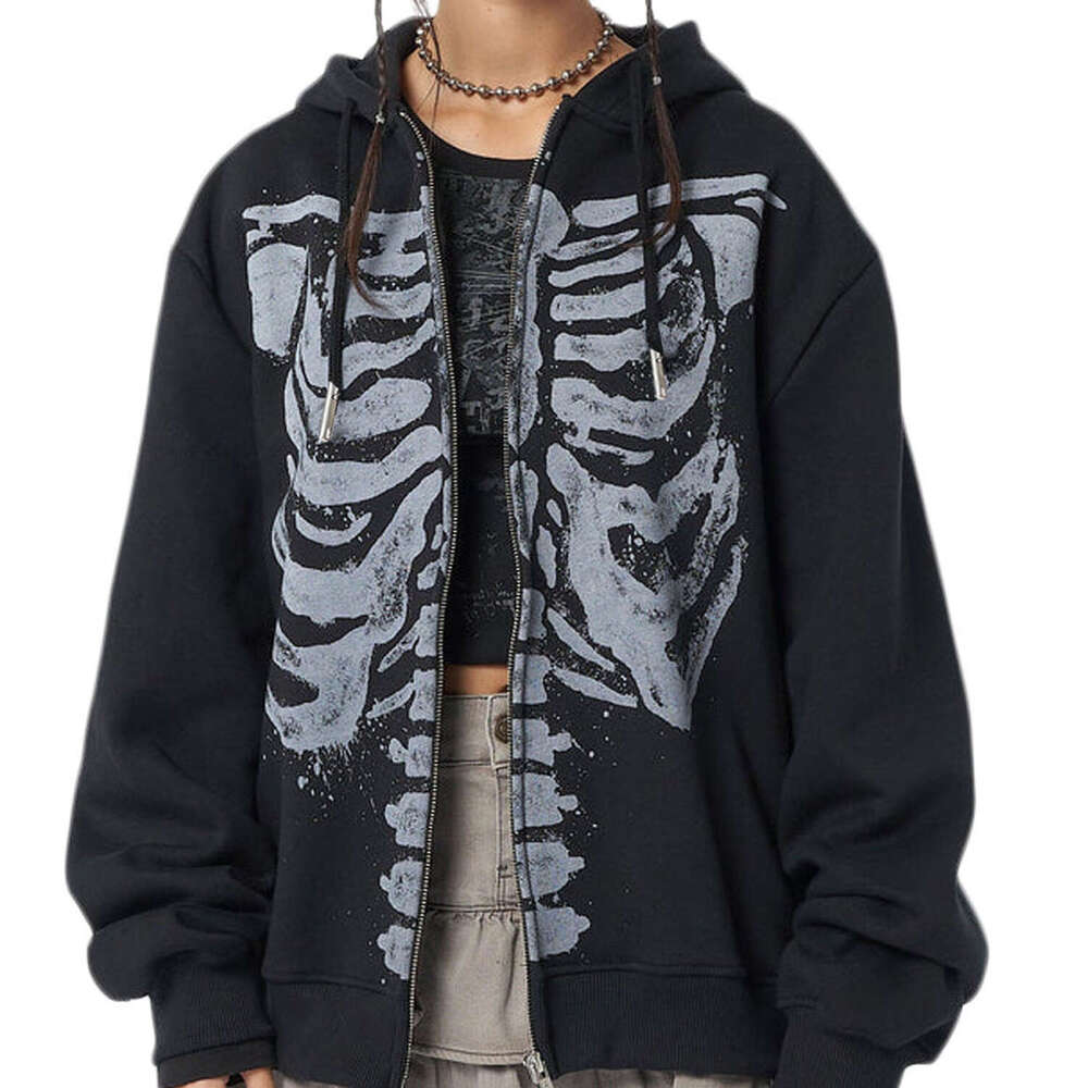 Women Y2k Spring Autumn Casual Hooded Coat Black Long Sleeve Skull Print Zipper Hoodie