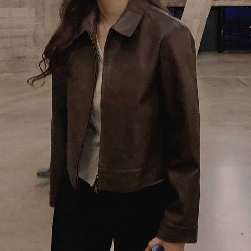 Chic Vintage PU Leather Jaet Long Sve Loose Fit Zipper Collar Design Versatile Outerwear for Women Commute SleT251017