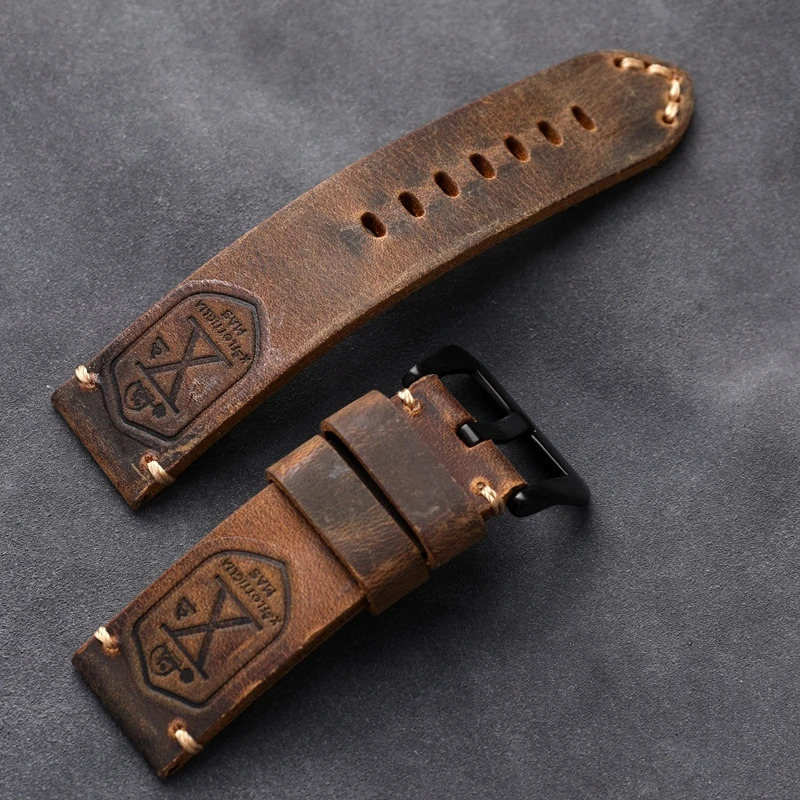 Brown Black Handmade Cowhide Watchband 20 22 24 26MM Men Fitted PAM111 441 Genuine Leather Bracelet Vintage Military Watch 251016