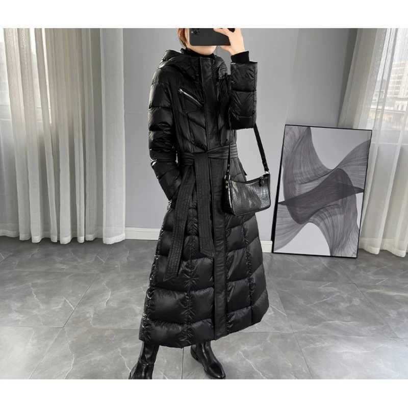 Ladies Winter Long Down Jacket High Grade Zipper Belt Black Navy Blue Down Coat Down Jacket Women Coats W251016