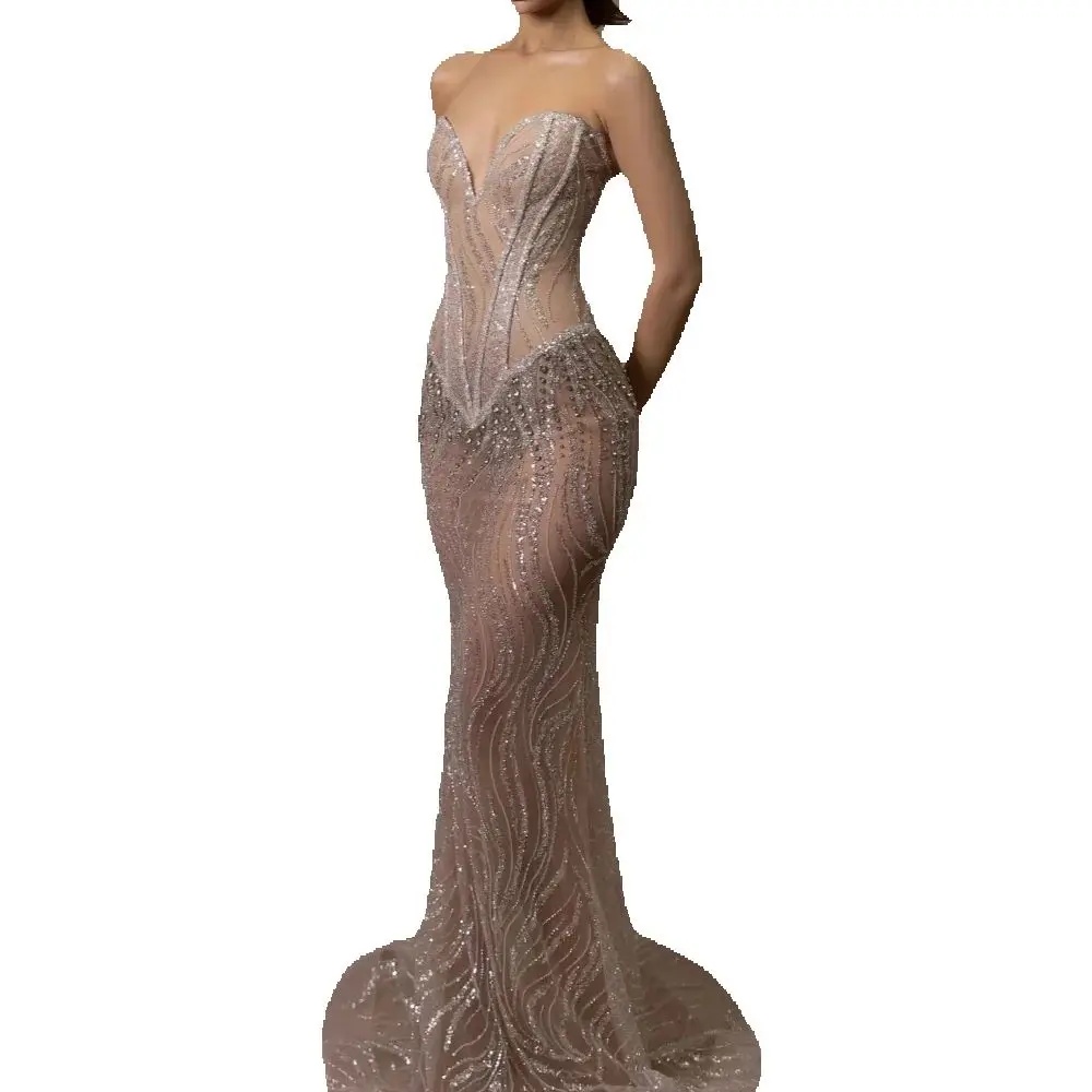 Sexy Strapless Sweetheart Prom Dresses Illusion Crystal Sequined Evening Tassels Dress Customized Floor Length Cocktail Gown