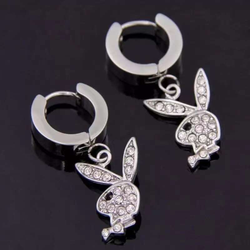 Sparkly Bunny Charm Hoop Earrings New Stainless Steel Rabbit Punk Style Necklace Hip-hop Bunny Earrings