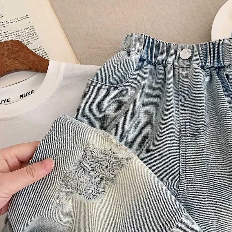 Spring and Autumn Childrens Pants Personalized Ripped Jeans Loose Straight Leg Pants for Boys and Girls 210T High QualityT251017