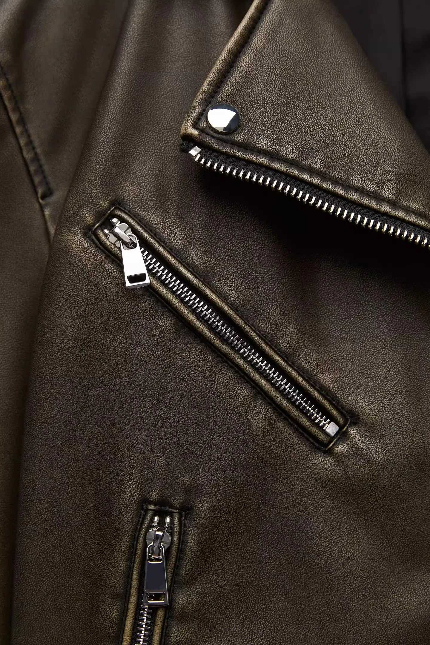 ZVRI ladies 2024 new vintage do old washed leather imitation leather locomotive type PU jacket womens coat topT251017