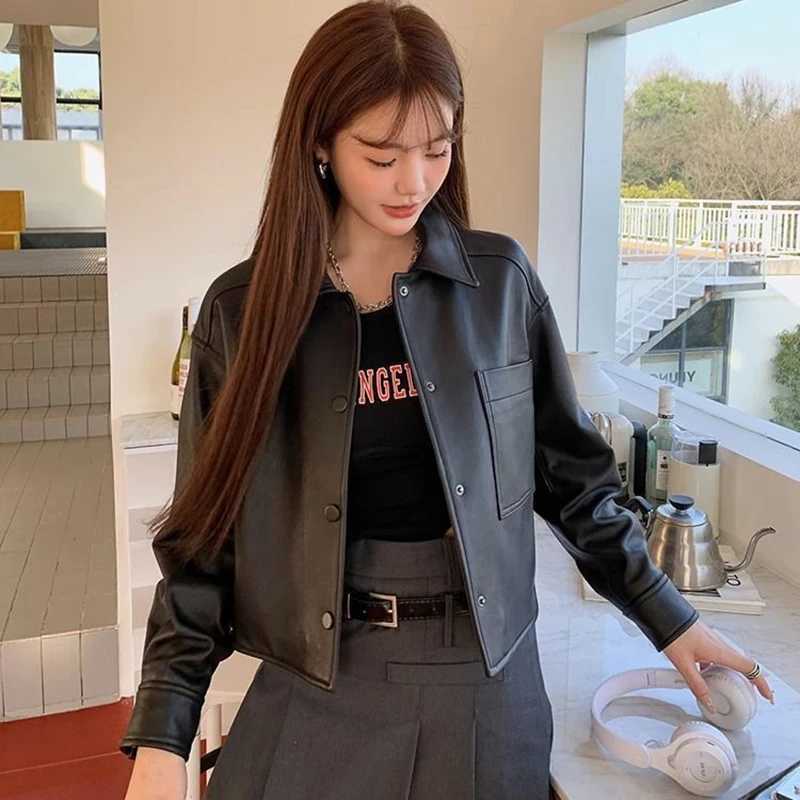 Harajuku Black Moto Pu Jacket Women Design Long Sleeve Biker Coat Vintage Streetwear Female Loose Autumn All Match OutwearT251017