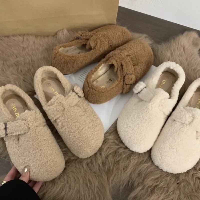 Style Fashion Womens Round Toe Wool Ballet Flats Ladies Fur Mary Jane Shoes Woman Winter Warm Plush Loafers 251013