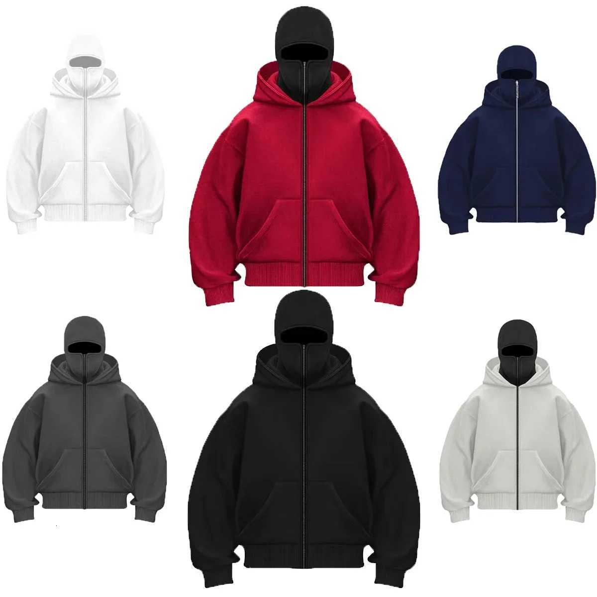 Men Hip Hop Double Hat Balaclava Hoodie Windproof Zipper Face Mask Sweatshirt Streetwear Trend Autumn Fashion Hooded Jacket Coat Z251017