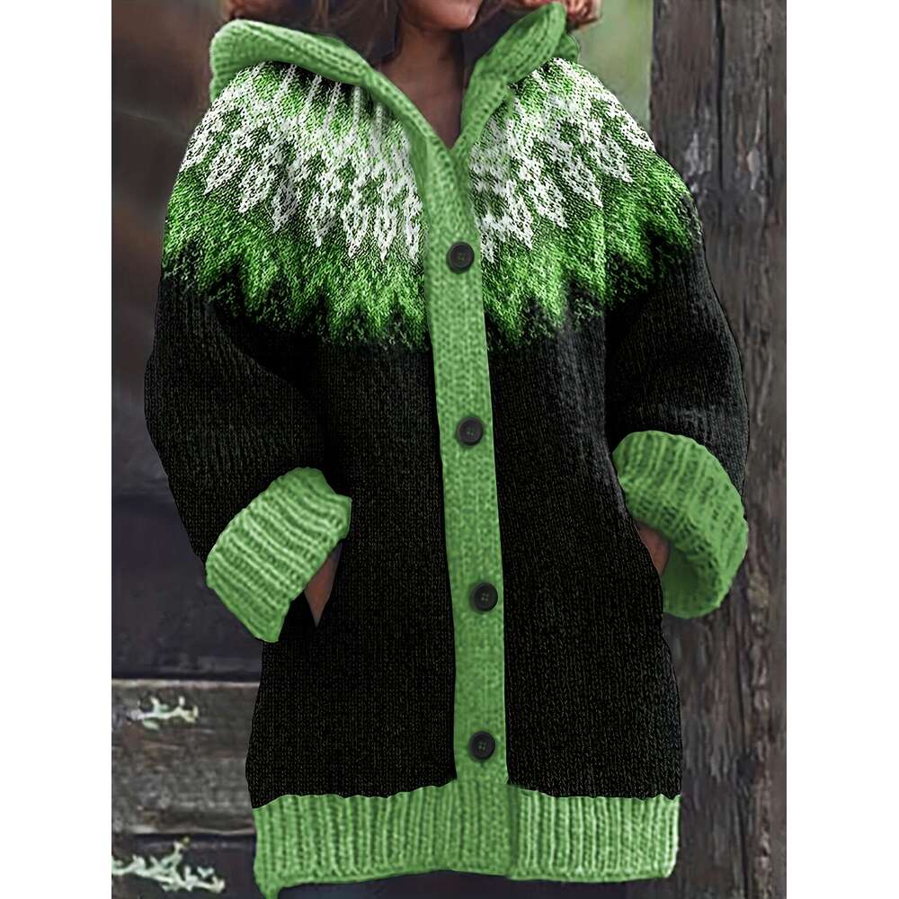 Plus Size, Soft Thick Jacquard Snow Mountain Glacier Gradient Tie-Dye Hooded Cardigan Elegant Fashion Comfortable Casual Vintage Sweater Oversized Jac