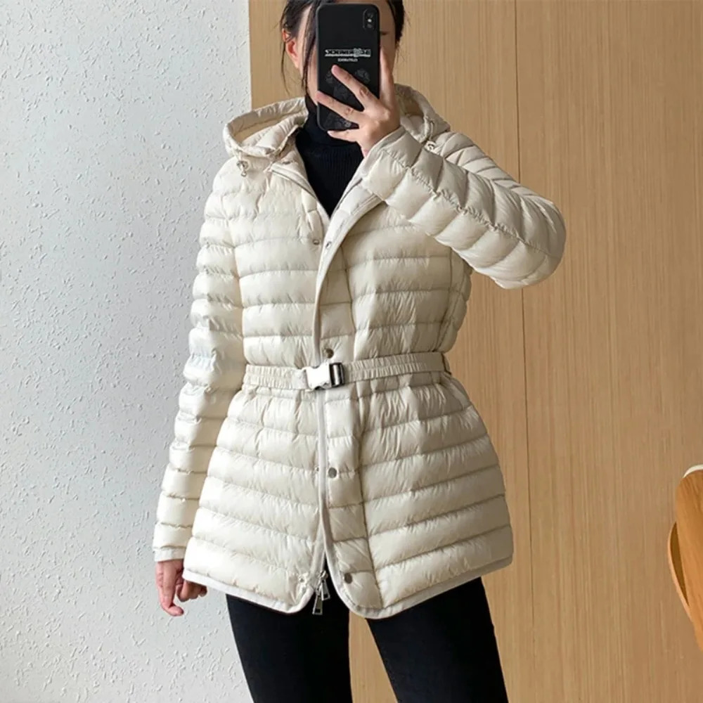 Autumn Winter Lightweight Short Slim 90 White Duck Down Jacket Women Hooded Detachable Sash Warm Down Coat Fashion 251011