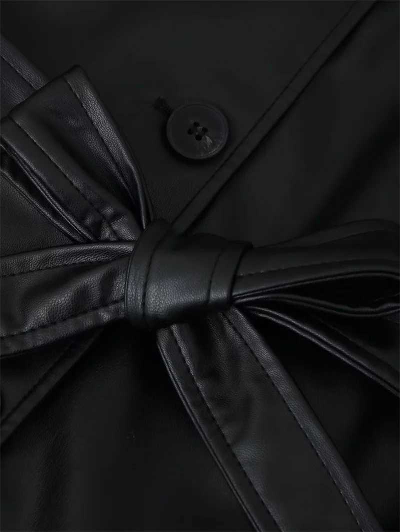 Womens Coat 2025 Autumn New Style Black Long Sleeve Faux Leather Tie Decoration Short Windbreaker Motorcycle Style CasualT251017