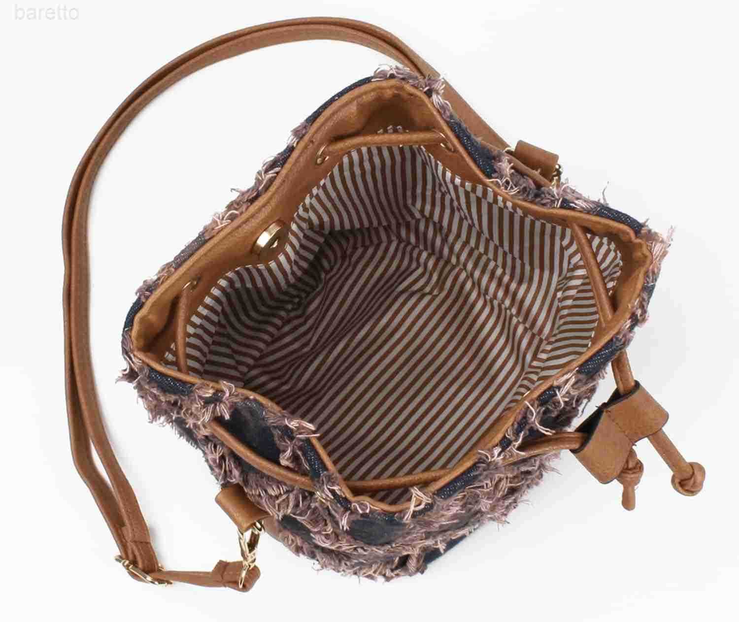 Women Denim Mini Bucket Shoulder Crossbody Bag Drawstring Quilted Distressed Tassel Barrel Shape Satchel Purse Z251016