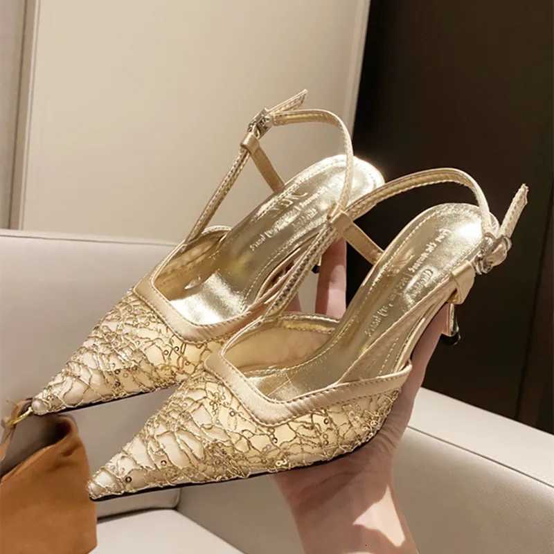 Sexy Pointed Toe Gingham Design Buckle Strap High Heels Golden Crystals Mesh Heeled Sandals Women Summer Luxury Party Dress Shoe Z251015
