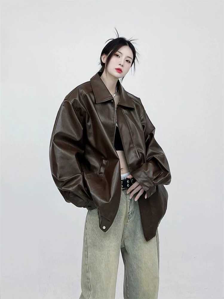 2025 New PU Leather Jacket Woman Solid Color Hiphop Jacket Top Motorcycle Style Faux Leather Jacket for WomenT251017