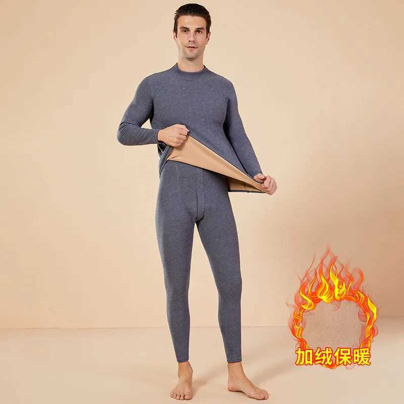 Mens Winter Set Halfhigh Collar First Layer 2 Pieces Tops Pants Fleece Warm Elastic Thermal Thick Underwear Set H251017