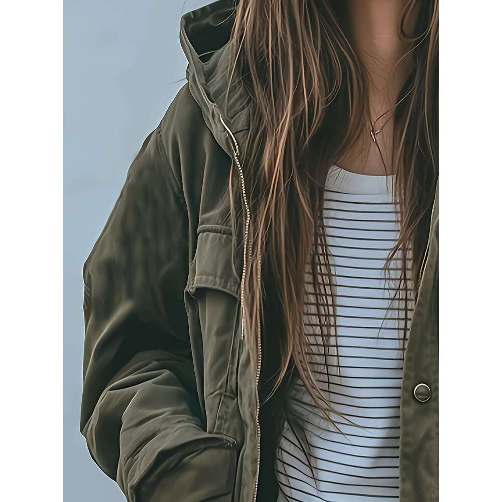 Men's Jackets Women's Heavyweight Style Hooded Jacket - All-Season Thickened Winter Coat, Multi-Pocket Olive Green Outerwear, Adjustable Bel