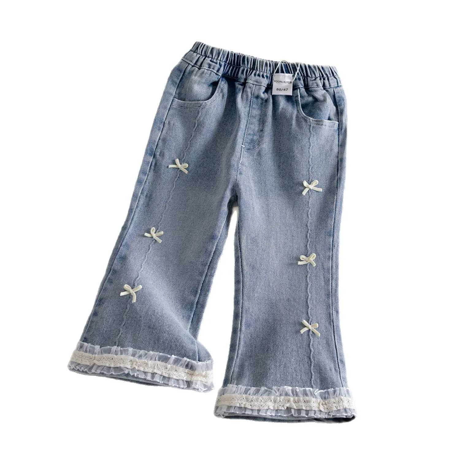 2025 Baby Girls Cute Bow Lace Jeans Denim Casual Pants Spring Autumn Fashion Kids Children Princess Cowboy Clothes TrousersT251017