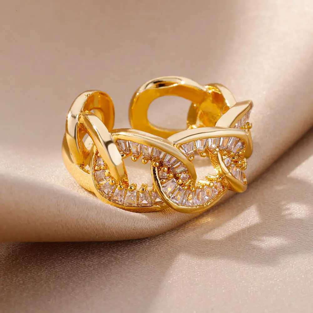 Stainless Steel Chain Rings For Women Gold Color Zircon Adjustable Finger Ring 2023 Trend Wedding Jewelry inoxidable anillosW251017