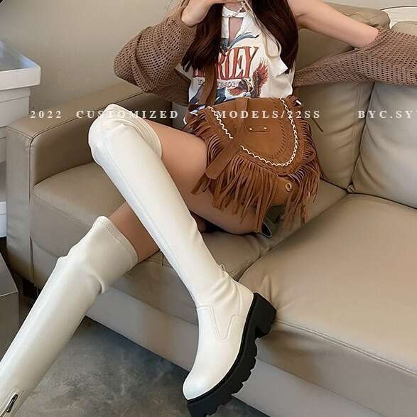 Heave-Soled Elastic Over-The-Knee Fall And Winter Square-Toed Thigh-High Boots For Women