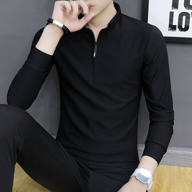 Spring and Autumn New Long Sleeve T-Shirt for Men, Trendy Slim Fit POLO Collar, Solid Color Business Base Shirt, Casual Top