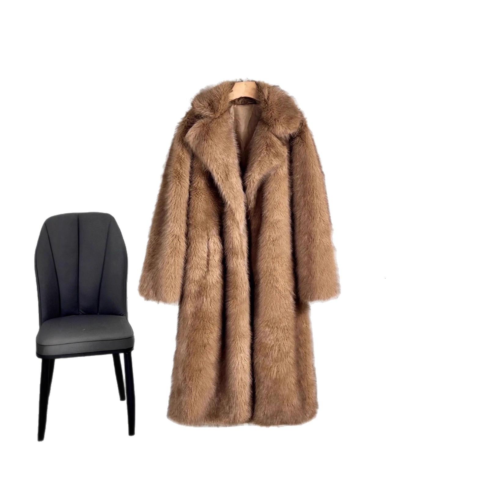Autumn Winter Womens Long Faux Fur Coat with Suit Collar Faux Fur Coat Faux Fur Jacket