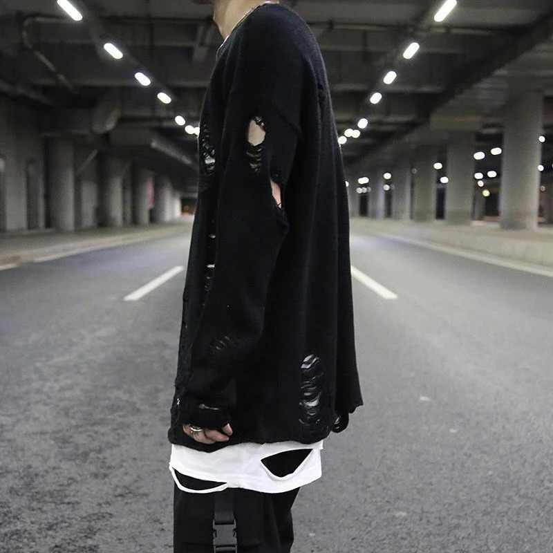 Mens Streetwear Hip Hop Black Oversized Knit Sweaters Y2k Unisex Harajuku Wash Hole Ripped Winter Clothes for Women 251017