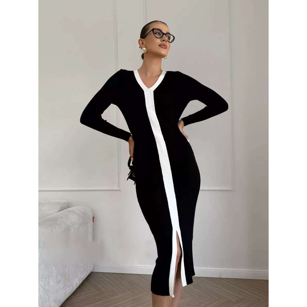 Autumn Winter Flared Sleeve V-Neck Knitted Fashion Patchwork Color-Block Button Long Slim Sweater Dress B5