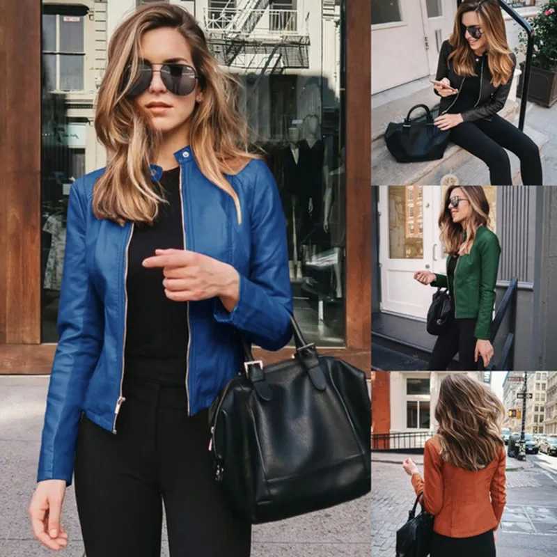 Solid Fall Women Bike Coat Faux Leather Outwear Zipper Outfit Spring Autumn Wome Fashion Short Thin Winter Jacket Coat WomenT251017