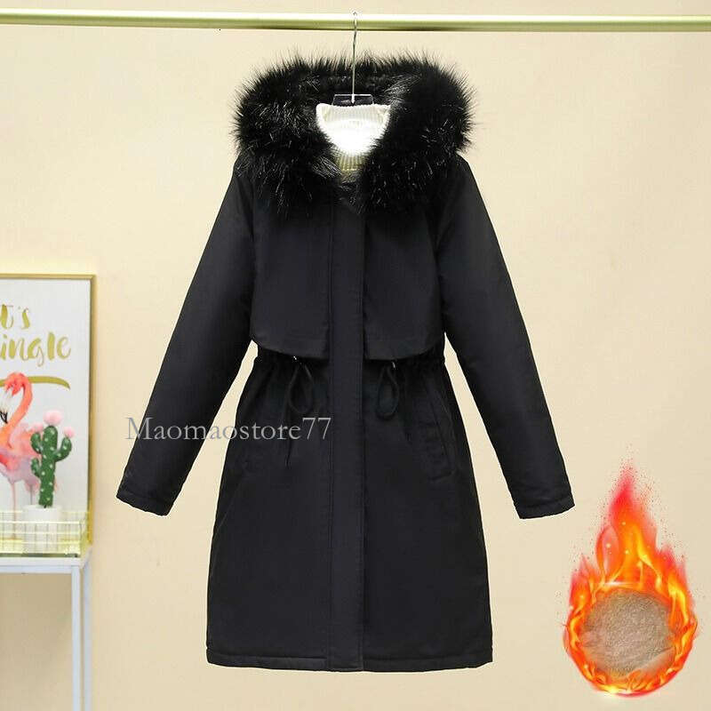 Cotton Women Parkas Women's Winter Jacket With Furry Hood Knee Length Plush Lining Windproof Coat For Cold Weather Plus