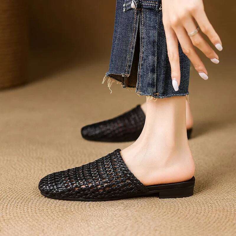 New Women's Mules Square Toes Hollow Out Two Layer Woman Slippers 2025 Summer Ladies High Quality Elegant Shoes