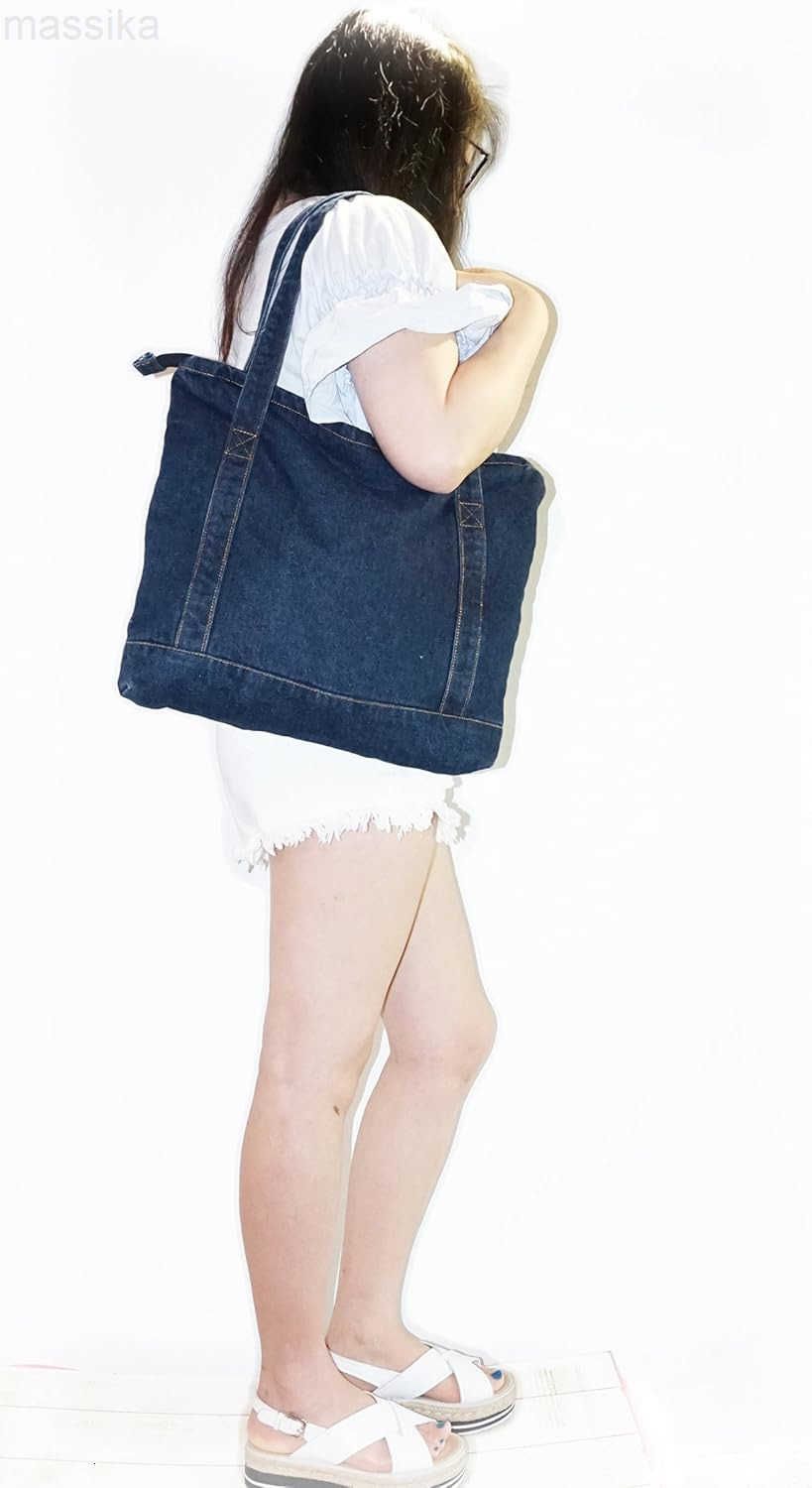 Denim Tote Bag Casual Style Lightweight Classic Retro Travel Shopper Shoulder Handbag M251017