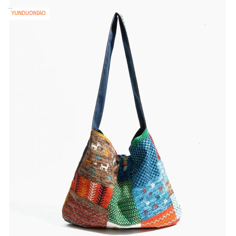 Autumn and winter new retro style patch patchwork designer canvas bag denim women's shoulder bag fashion trend commuting bag
