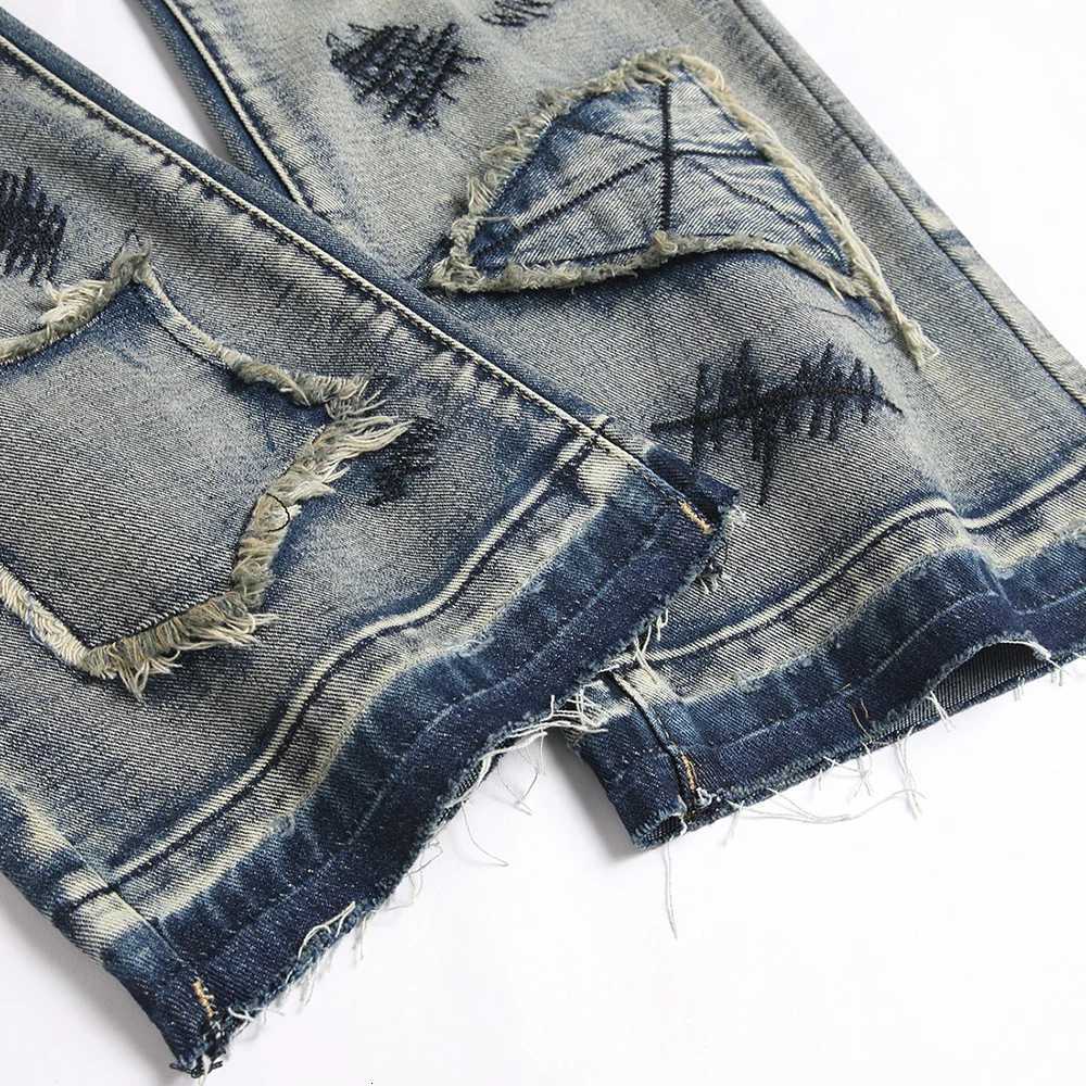 Mens Boot Cut Jeans Streetwear Patches Released Hem Pants Vintage Blue Embroidery Patchwork Flared Trousers Y251105