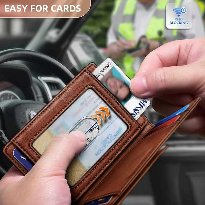 YATBEST Mens Wallet Oil Wax Short RFID AntiTheft Brush UltraThin Wallet Double Fold Portable Wallet Multifunctional Card BagW251017