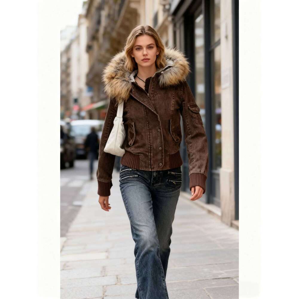 Fur Collar Women's Hooded Elastic Hem Long Sleeve Pocket Single Breasted Female Jacket Autumn Casual Coat For Ladies down coat